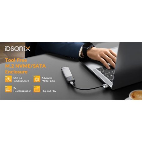 Orico Külső M.2 ház - IDPWM2-G2A-GY (USB-C 3.2 Gen2 -> M.2 NVMe, Max.: 8TB, 10 Gbps)