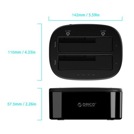 Orico HDD/SSD Dokkoló - 6228US3-C-EU-B/51/ (2x 2,5"/3,5" HDD/SSD -> USB-A, Max.: 16TB, Klón, fekete)