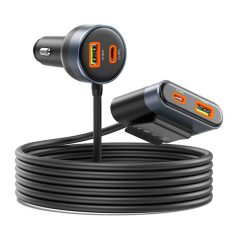   ORICO autós töltő - CC-98AC-BK-BP (Szivargyújtós, hoszabbítóval, 2xUSB-A+2xUSB-C, fekete)