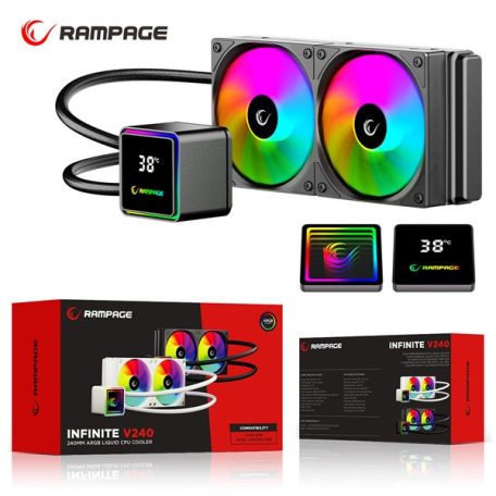 Rampage CPU Water Cooler - INFINITE V240 (Mágneses kijelző, 36,9dB max., 98,54 m3/h; 2x12cm, A-RGB LED, fekete)