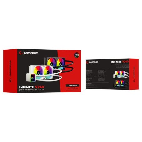 Rampage CPU Water Cooler - INFINITE V240 (Mágneses kijelző, 36,9dB max., 98,54 m3/h; 2x12cm, A-RGB LED, fehér)