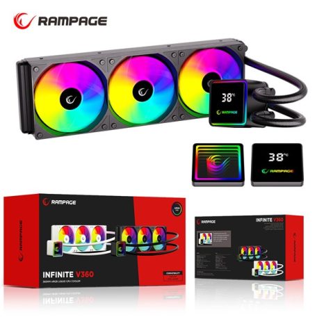 Rampage CPU Water Cooler - INFINITE V360 (Mágneses kijelző, 36,9dB max., 98,54 m3/h; 3x12cm, A-RGB LED, fehér)