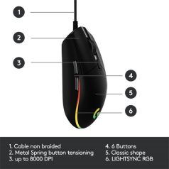   Logitech Egér - G203 Lightsync (Vezetékes, Gaming, Optikai, USB, 8000 DPI, fekete)