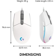   Logitech Egér - G203 Lightsync (Vezetékes, Gaming, Optikai, USB, 8000 DPI, fehér)