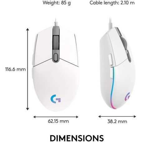 Logitech Egér - G203 Lightsync (Vezetékes, Gaming, Optikai, USB, 8000 DPI, fehér)
