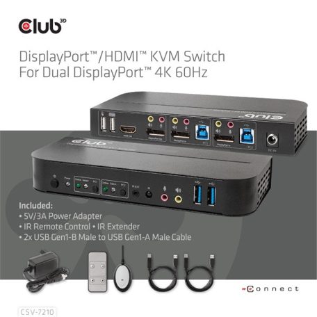 Club 3D KVM Switch - CSV-7210 (Dual DisplayPort, 4K60Hz, HDMI, KVM, IR távirányító)