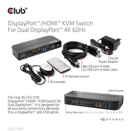 Club 3D KVM Switch - CSV-7210 (Dual DisplayPort, 4K60Hz, HDMI, KVM, IR távirányító)