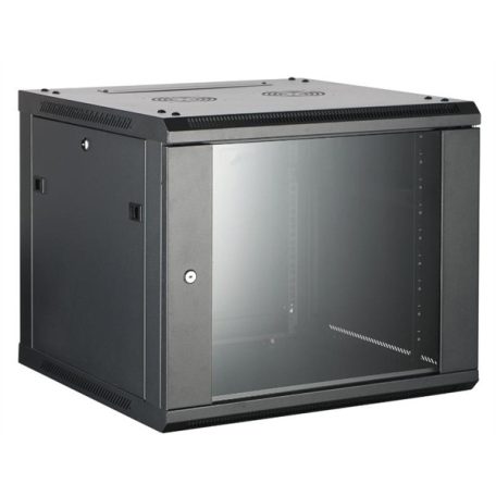 Hikvision Rackszekrény - 19" fali kivitel (9U, 600x600x500, fekete, egyrekeszes, üvegajtós, max.60 kg)