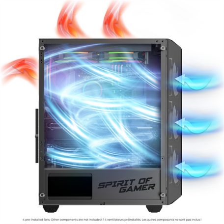 Spirit of Gamer Számítógépház - REBEL NX Black (fekete, ablakos, 4x12cm ventilátor, alsó táp,  ATX, 1xUSB3.0, 2xUSB2.0)
