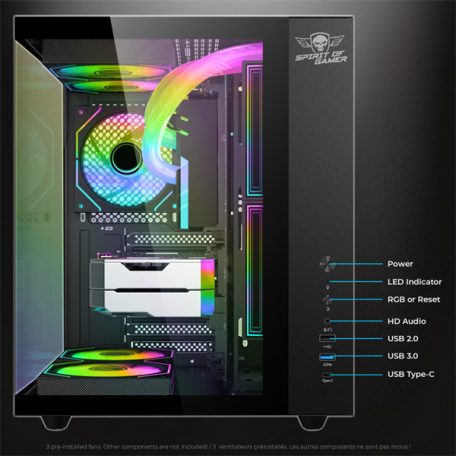 Spirit of Gamer Számítógépház - BANDIT GT (fekete, ablakos, 3x12cm ventilátor, alsó táp,  ATX, 1x USB-C, 3x USB-A)