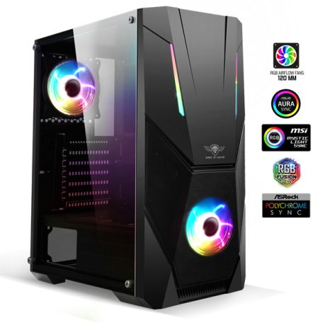 Spirit of Gamer Számítógépház - Rogue V RGB (fekete, ablakos, 2x12cm ventilátor, alsó táp,  ATX, 1xUSB3.0, 2xUSB2.0)