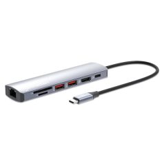   Manhattan USB HUB - USB-C PD 7-in-1 Type-C HDMI,  2db USB-A Ports, USB-C Power PD(100W), Gigabit RJ45 Port ésSD/microSD