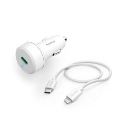 Hama Autós töltő - 201611 (Szivargyújtós, +USB-C to Lightning adatkábel, PD/QC, 20W, 1m, fehér)