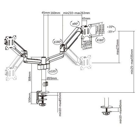 Equip Monitor Asztali konzol - 650133 (17"-32", 2 monitor, dönthető, forgatható, állítható magasság, Max.:2x9kg, fekete)