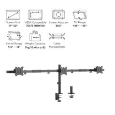   Equip Monitor Asztali konzol - 650158 (13"-27", 3 monitor, dönthető, forgatható, állítható magasság Max.: 3x7kg, fekete)