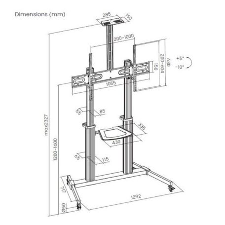 Equip TV állvány - 650631 (60"-100" álló, dönthető, állítható magasság, gurulós, Max.:100kg, fekete/ezüst)