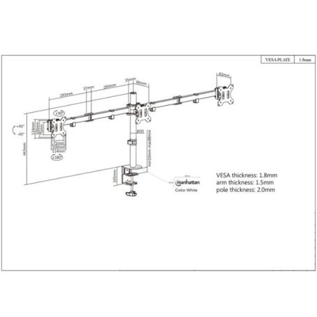 Manhattan asztali állvány -  Dupla karos, 3db monitor részére (max.VESA:75x75, 13"-27"-ig, 7kg, fekete)
