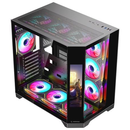Rampage Számítógépház - NOVA (fekete; üveg; ATX; 9,17" TFT kijelző, 7x120mm RGB, 1xUSB3.0 + 1xUSB2.0)