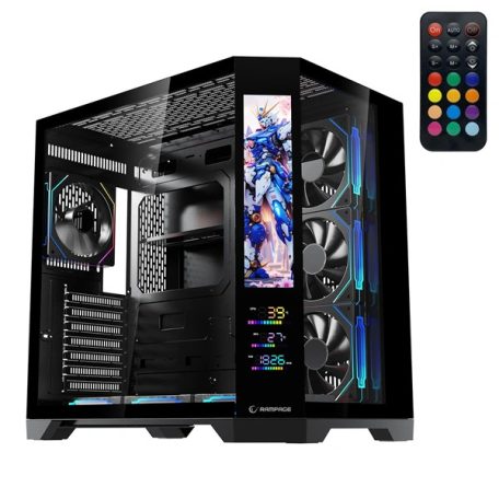Rampage Számítógépház - NOVA V2 (fekete; üveg; ATX; 9,17" LCD kijelző, 7x120mm A-RGB, 1xUSB3.0 + 1xUSB-C)