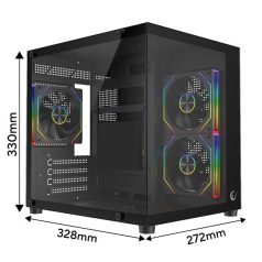   Rampage Számítógépház - LUMID (fekete; ablakos; BTF, mATX, Type-C, USB 3.0, alsó táp, 3x120mm A-RGB)