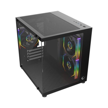 Rampage Számítógépház - LUMID (fekete; ablakos; BTF, mATX, Type-C, USB 3.0, alsó táp, 3x120mm A-RGB)