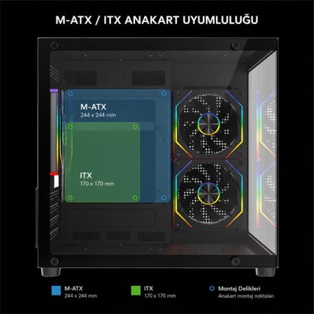 Rampage Számítógépház - LUMID (fekete; ablakos; BTF, mATX, Type-C, USB 3.0, alsó táp, 3x120mm A-RGB)
