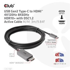   Club 3D Kábel - CAC-1587 (USB-C Gen 2 to HDMI, 4K120HZ 8K60HZ, HDR10+, DSC1.2, 3m, aktív)
