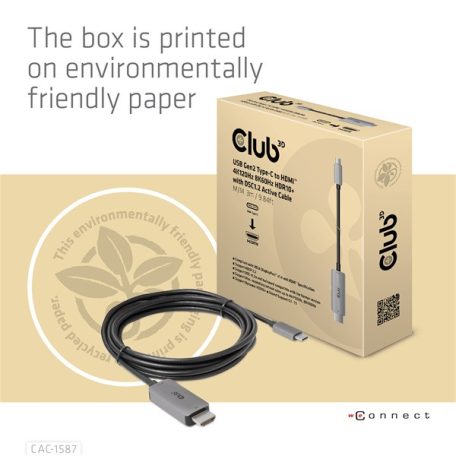 Club 3D Kábel - CAC-1587 (USB-C Gen 2 to HDMI, 4K120HZ 8K60HZ, HDR10+, DSC1.2, 3m, aktív)
