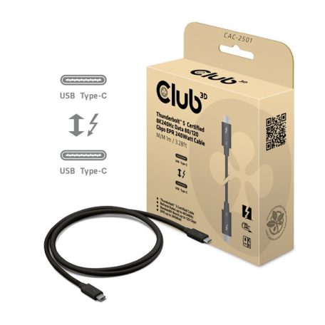 Club 3D Kábel - CAC-2501 (Thunderbolt 5 USB-C to USB-C, 240W, 80/120 Gbps, EPR, 8K240Hz, M/M, 1m)