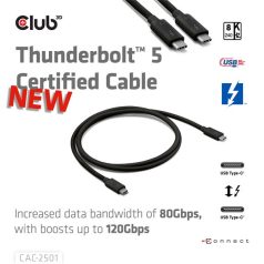   Club 3D Kábel - CAC-2501 (Thunderbolt 5 USB-C to USB-C, 240W, 80/120 Gbps, EPR, 8K240Hz, 1m)