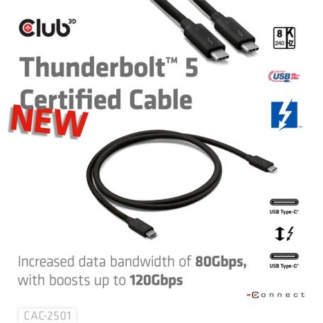 Club 3D Kábel - CAC-2501 (Thunderbolt 5 USB-C to USB-C, 240W, 80/120 Gbps, EPR, 8K240Hz, M/M, 1m)