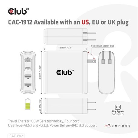 Club 3D Hálózati Adapter - CAC-1912EU (100W GaN, 2x USB-A, 2x USB-C, PD3.0, 4 csatlakozó)