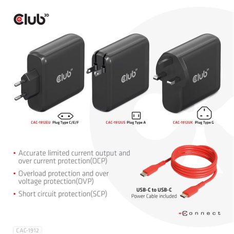 Club 3D Hálózati Adapter - CAC-1912EU (100W GaN, 2x USB-A, 2x USB-C, PD3.0, 4 csatlakozó)