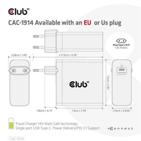 Club 3D Hálózati Adapter - CAC-1914EU (140W, GaN USB-C, PD 3.1)