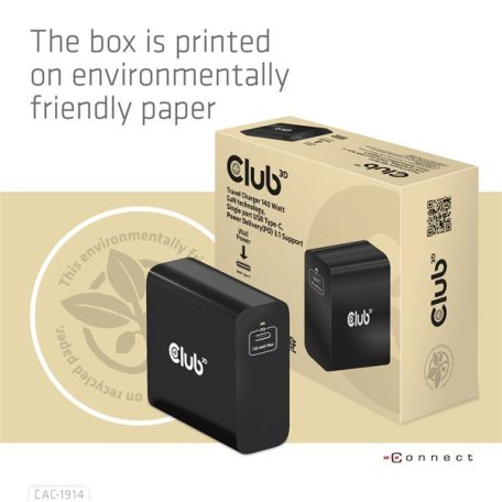 Club 3D Hálózati Adapter - CAC-1914EU (140W, GaN USB-C, PD 3.1)