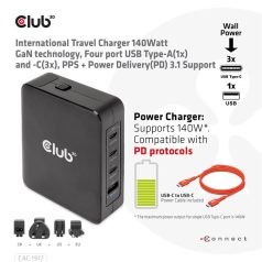   Club 3D Hálózati Adapter - CAC-1917 (140W GaN, 3x USB-C, 1x USB-A, PD3.1, 4 csatlakozó)
