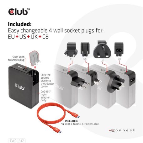 Club 3D Hálózati Adapter - CAC-1917 (140W GaN, 3x USB-C, 1x USB-A, PD3.1, 4 csatlakozó)