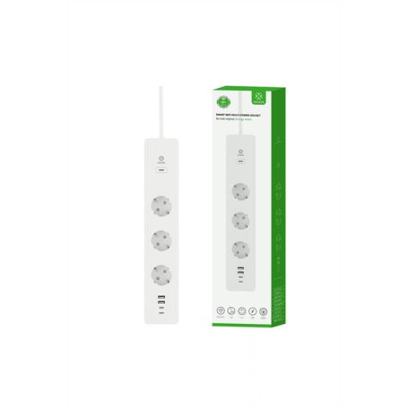 Woox Smart Elosztó - R6132  (Wi-Fi, 3 aljzat, 2x USB-A, 2x USB-C, fogyasztásmérés, 3680W, 1,5m, fehér)