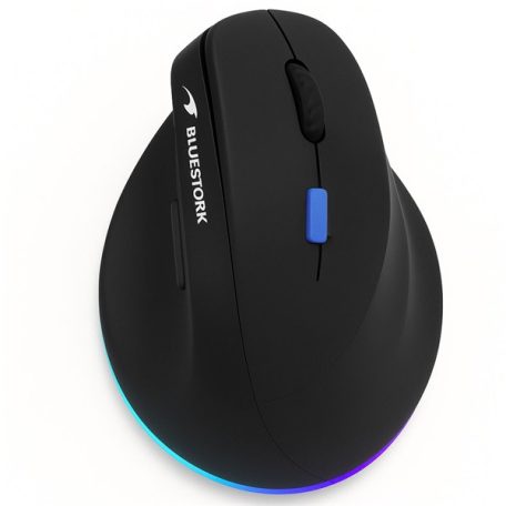 Bluestork Vezeték nélküli Egér - M-WL-ERGO-LUMI-TH (Ergonomic, Rechargeable, 2,4GHZ+Bluetooth, 4800 DPI, 6 gomb, fekete)