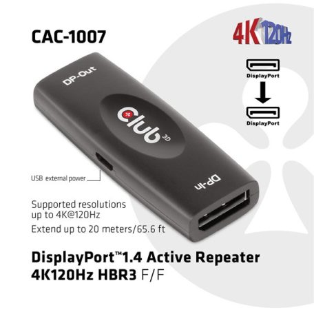 Club 3D Átalakító - CAC-1007 (DisplayPort 1.4, 4K120Hz HBR3, Aktív Ismétlő, F/F, 20m)
