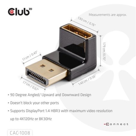 Club 3D Átalakító - CAC-1008 (90° DisplayPort  1.4,  M/F, 4K120Hz, univerzális)