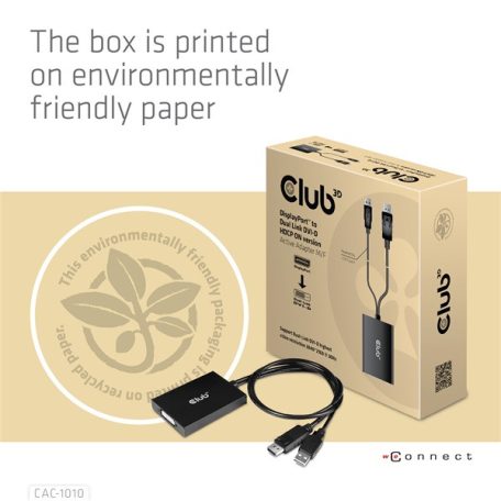 Club 3D Átalakító - CAC-1010 (DisplayPort to 2xDVI-A HDCP ON, 4K30Hz, 2560x1600@60Hz, 60cm)