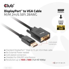   Club 3D Kábel - CAC-1012 (DisplayPort to VGA, 2m, 28AWG, Full HD 1080p, Aranyozott csatlakozók)