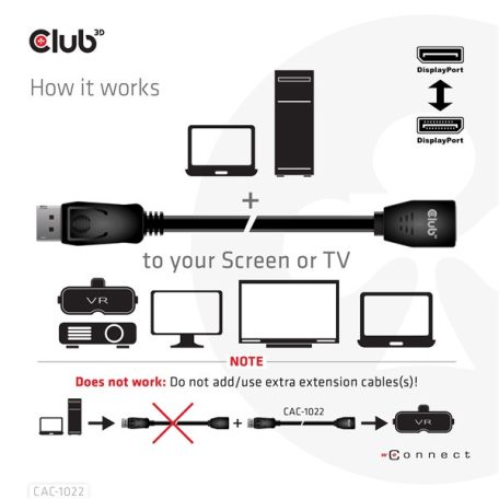 Club 3D Kábel - CAC-1022 (DisplayPort 1.4 HBR3, 8K60Hz, 4K144Hz, 2m, M/F, 32.4Gbps)