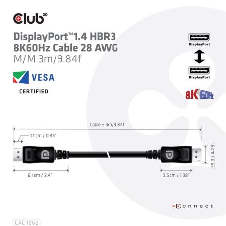 Club 3D Kábel - CAC-1060 (DisplayPort 1.4, 8K, 32.4Gbps, HBR3 8K, 28AWG, M/M, 3m)