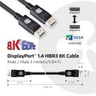 Club 3D Kábel - CAC-1060 (DisplayPort 1.4, 8K, 32.4Gbps, HBR3 8K, 28AWG, M/M, 3m)