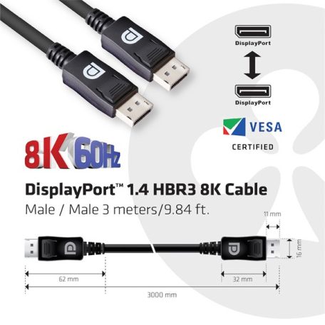 Club 3D Kábel - CAC-1060 (DisplayPort 1.4, 8K, 32.4Gbps, HBR3 8K, 28AWG, M/M, 3m)