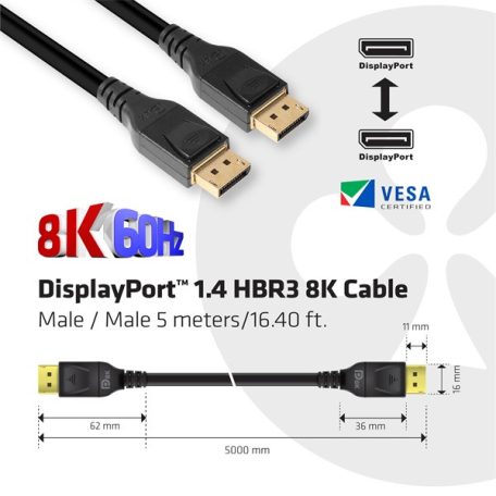 Club 3D Kábel - CAC-1061 (DisplayPort 1.4, HBR3, 8K60Hz, 5m, 32CH, Aranyozott, VESA, M/M)
