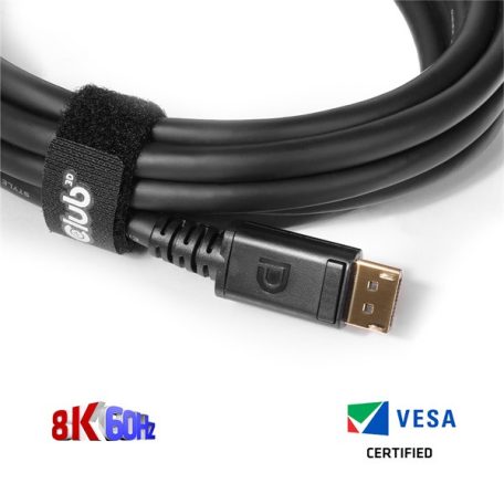 Club 3D Kábel - CAC-1069B (DisplayPort 1.4 HBR3, 8K@60Hz, 4m, 24AWG, fekete, VESA tanúsított, M/M)