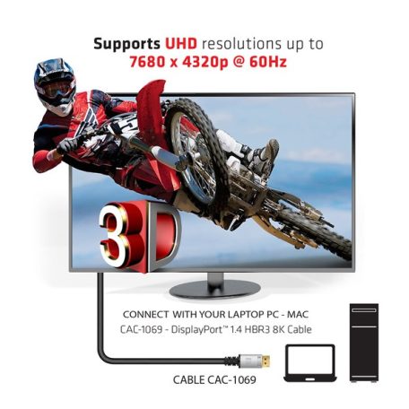Club 3D Kábel - CAC-1069 (DisplayPort 1.4 HBR3 8K @60Hz, 32.4Gbps, 4m, 24AWG, DSC 1.2, VESA, M/M)